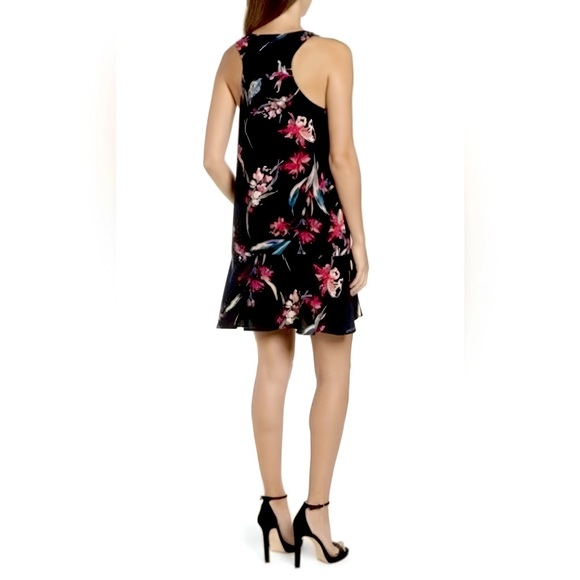 Leith Black Flounce Hem Sleeveless Mini Dress W/Botanical Floral Design. Size XS - Picture 2 of 8
